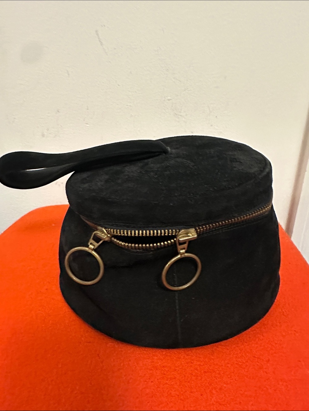 Seducta vintage Black Suede Wristlet Bag with Gold Ring Zippers made in France
